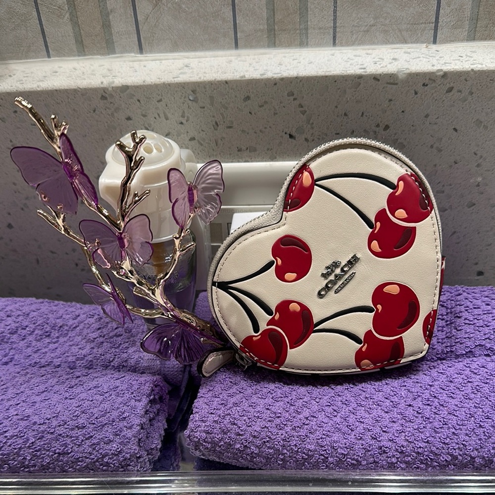 Coach White and Red Heart Key Holder with Cherry Design